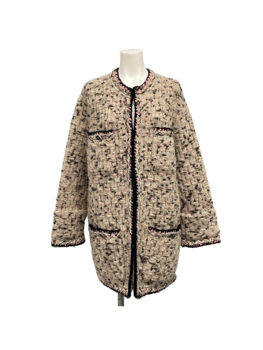 Chanel Coat S Beige Pink Black Long Sleeve Knit